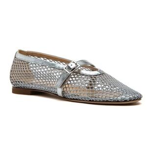 NWOB 275 Central Faye Mesh-Like Mary Jane Flats in Silver $295 Sz 5.5